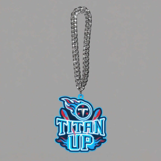 Tennessee Titans light up sign with 'Titan Up' slogan and logo chains, perfect for American football fans.