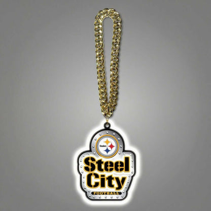 Pittsburgh Steelers light-up sign with gold chains showcasing Steel City Football logo for American football fans.