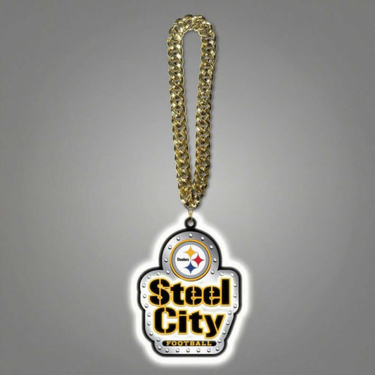 Pittsburgh Steelers light-up sign with gold chains showcasing Steel City Football logo for American football fans.