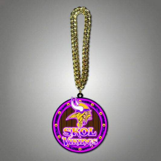 Minnesota Vikings UV logo chains light up sign with necklace showcasing football pride and fan support.