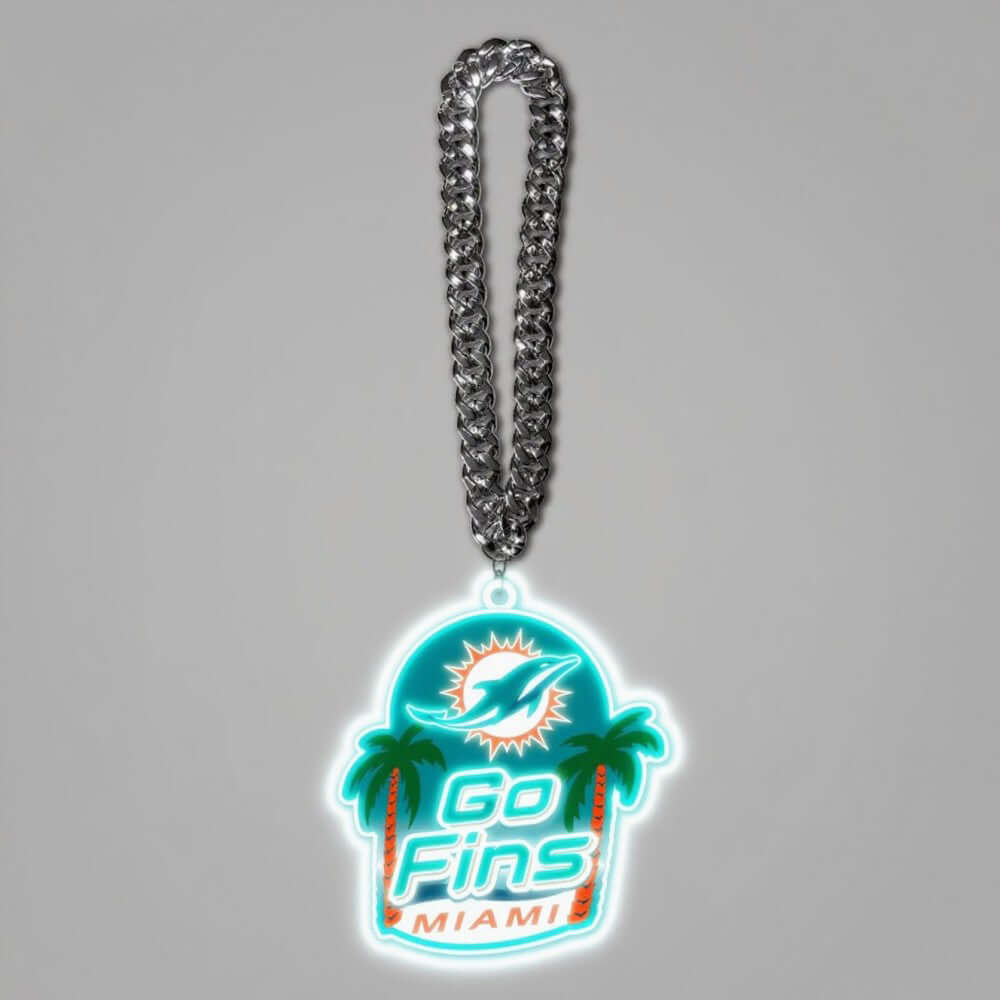 Miami Dolphins UV logo chains light up sign necklace showcasing American football pride.