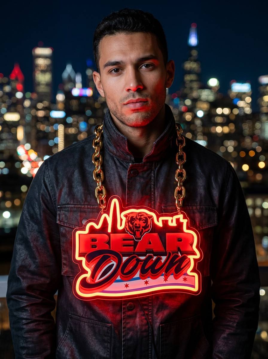 Chicago Bears Neon Chain Sign Bear Down Fan Bling Chunky Gold Necklace NFL Game Day Gear Chains for fans