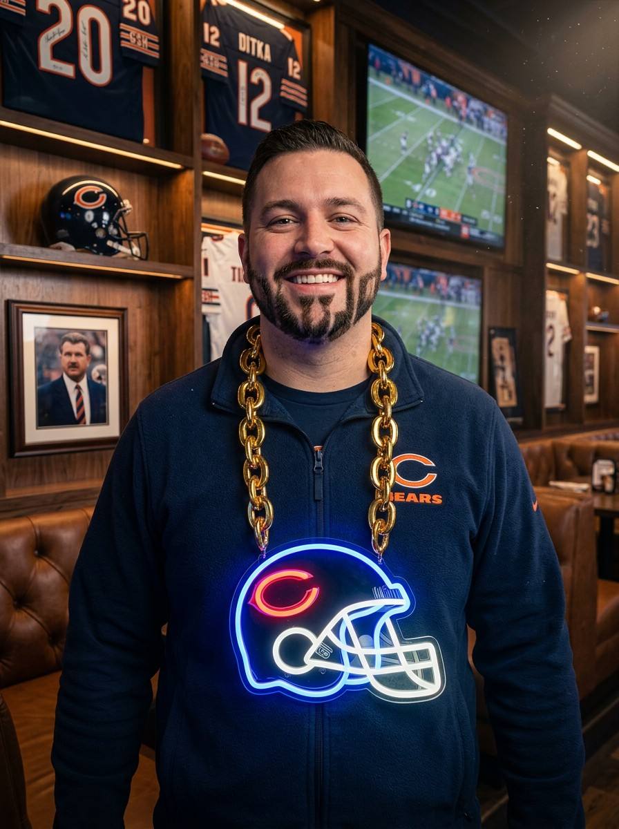 Chicago Bears Neon Chain Sign Bear Down Fan Bling Chunky Gold Necklace NFL Game Day Gear Chains for fans