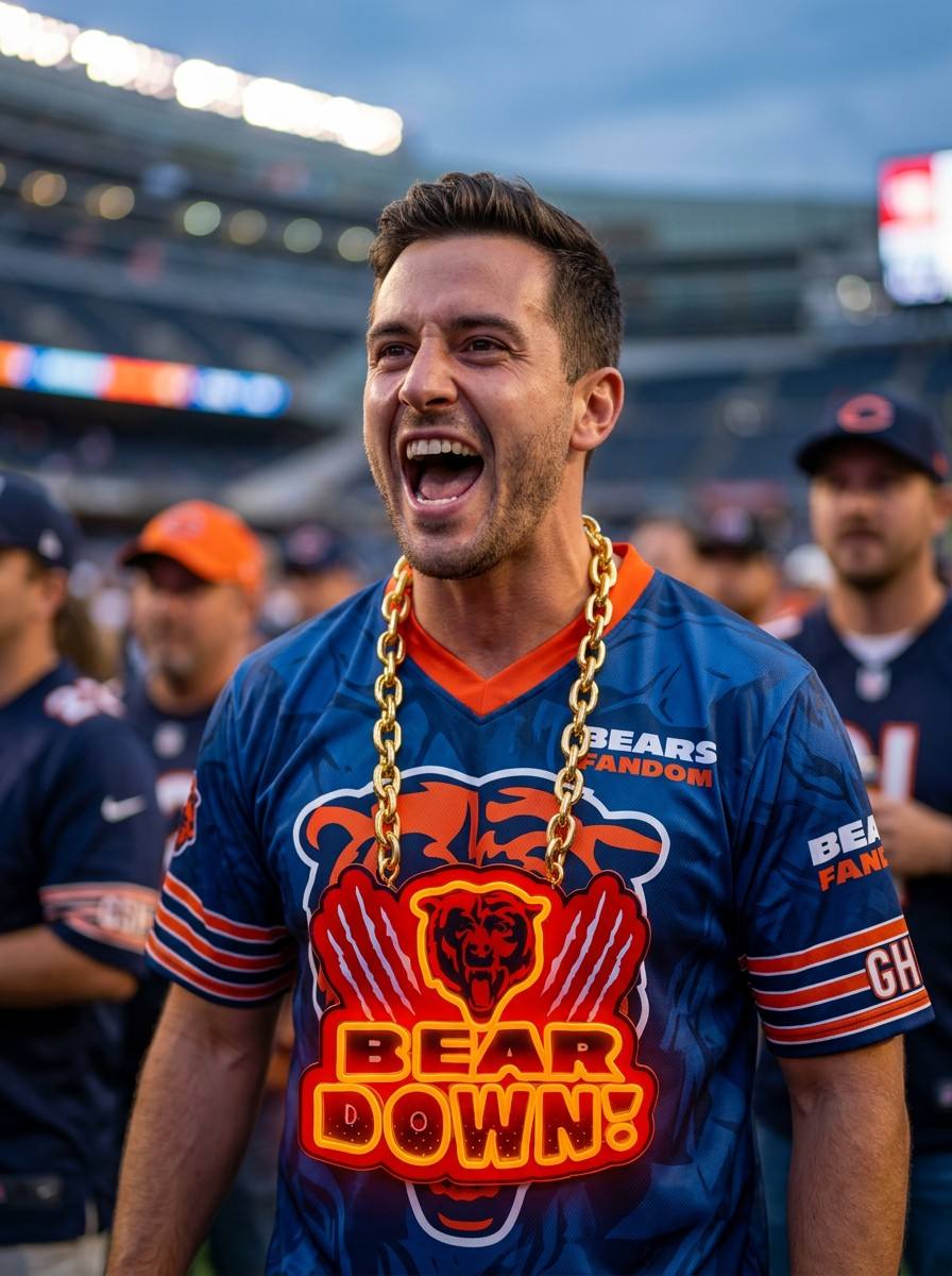 Chicago Bears Neon Chain Sign Bear Down Fan Bling Chunky Gold Necklace NFL Game Day Gear Chains for fans
