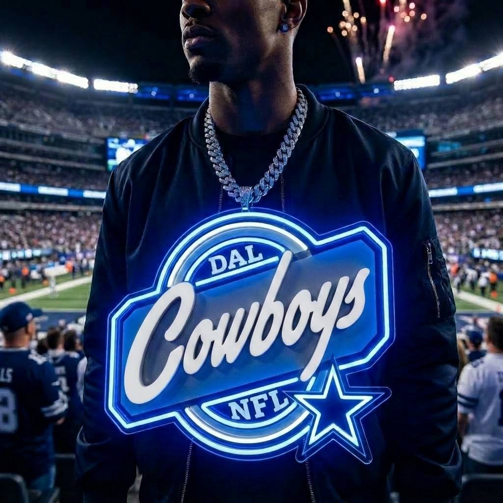 Dallas Cowboys 35cm Oversized Neon LED Pendant Big Star Logo Chain with Heavy Silver Cuban Link Sign Chains for fans