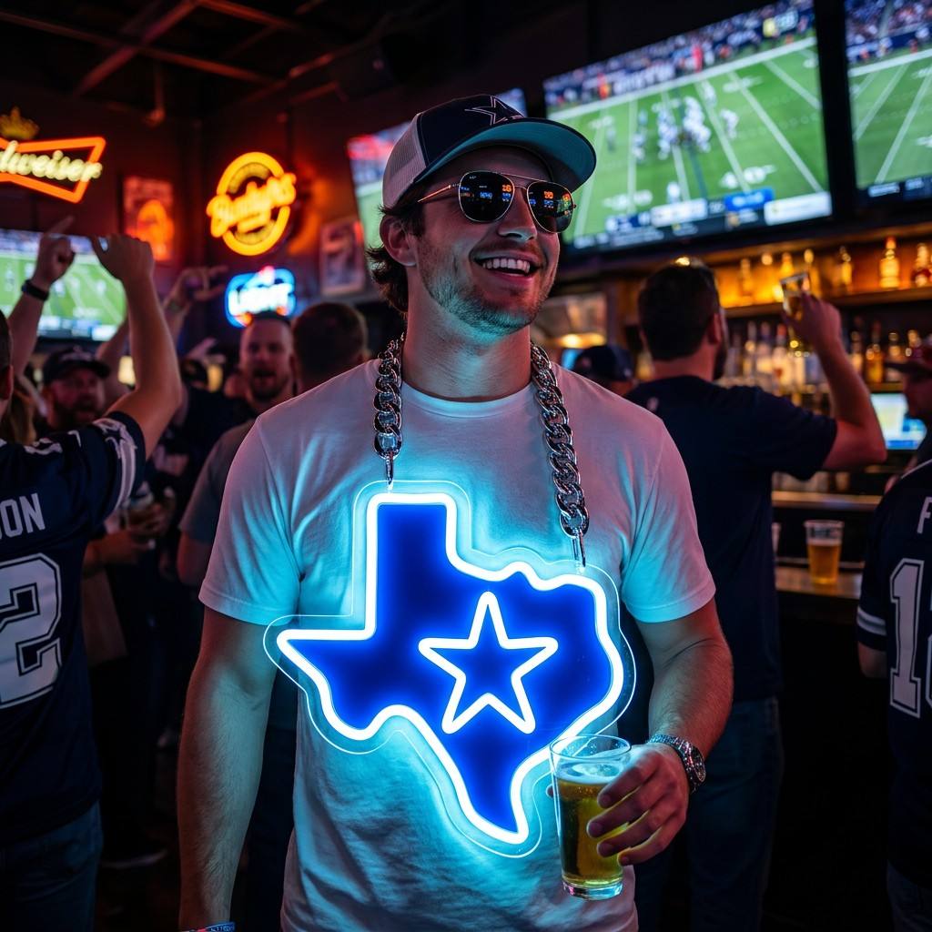 Dallas Cowboys 35cm Oversized Neon LED Pendant Big Star Logo Chain with Heavy Silver Cuban Link Sign Chains for fans