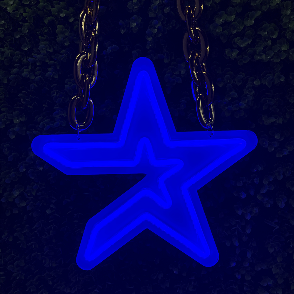 houston Astros blue neon sign with chain