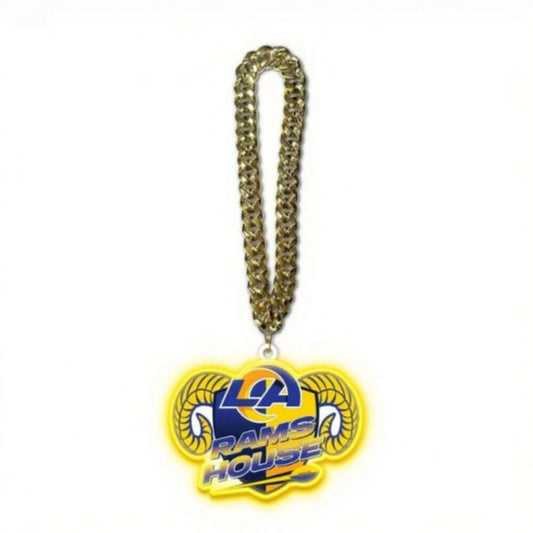Los Angeles Rams UV logo chains light up sign necklace showcasing American football pride.
