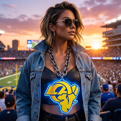 Los Angeles Rams 30cm 3D UV Printed Neon Pendant Chain Oversized Fan Gear Chunky Metal Cuban Link Necklace Blue Yellow Glow Gift Chains for fans