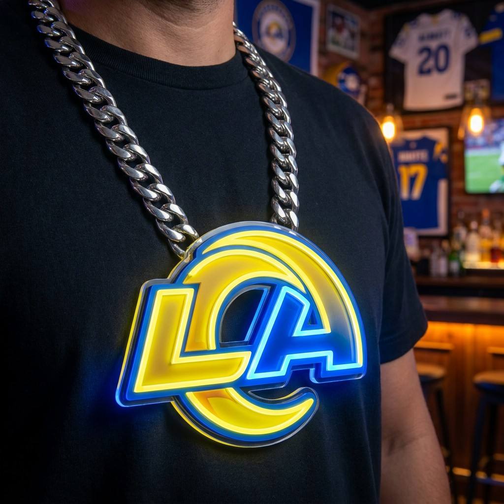 Los Angeles Rams 30cm 3D UV Printed Neon Pendant Chain Oversized Fan Gear Chunky Metal Cuban Link Necklace Blue Yellow Glow Gift Chains for fans
