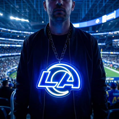 Los Angeles Rams 30cm 3D UV Printed Neon Pendant Chain Oversized Fan Gear Chunky Metal Cuban Link Necklace Blue Yellow Glow Gift Chains for fans