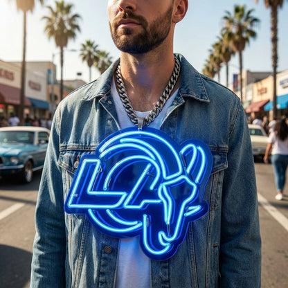Los Angeles Rams 30cm 3D UV Printed Neon Pendant Chain Oversized Fan Gear Chunky Metal Cuban Link Necklace Blue Yellow Glow Gift Chains for fans