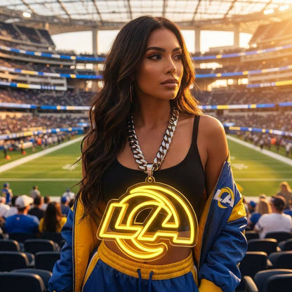 Los Angeles Rams 30cm 3D UV Printed Neon Pendant Chain Oversized Fan Gear Chunky Metal Cuban Link Necklace Blue Yellow Glow Gift Chains for fans