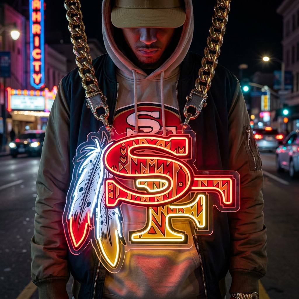 San Francisco 49ers 30cm Oversized LED Neon Pendant Sign Big Team Logo Chain Heavy Silver Cuban Link Medallion Fan Shop Supply Chains for fans