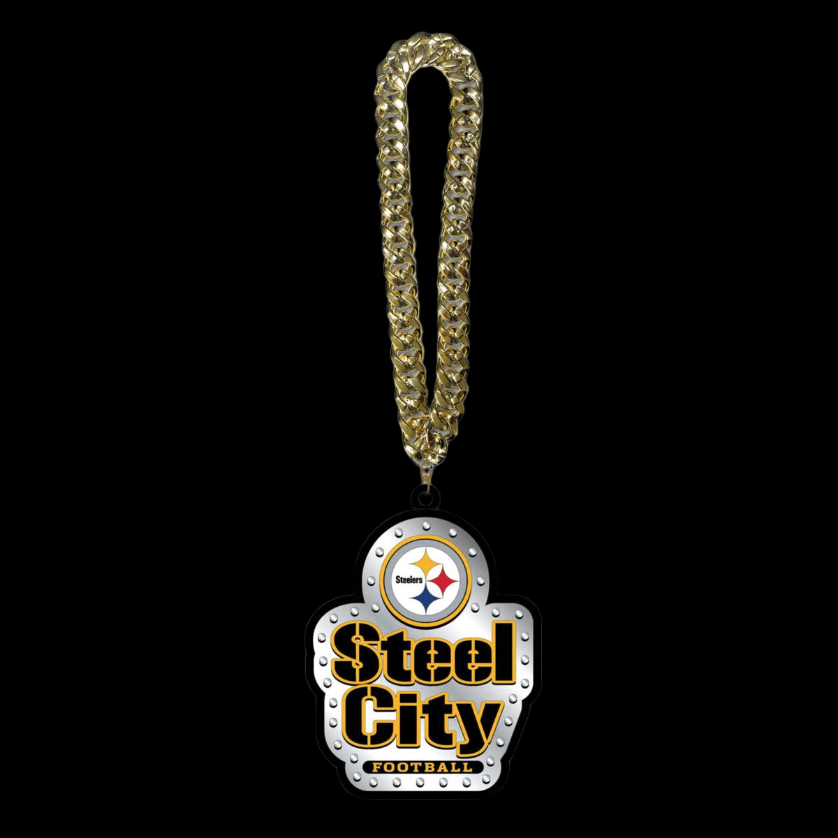 Pittsburgh Steelers Steel City football logo on a gold chain necklace showcasing American football passion.