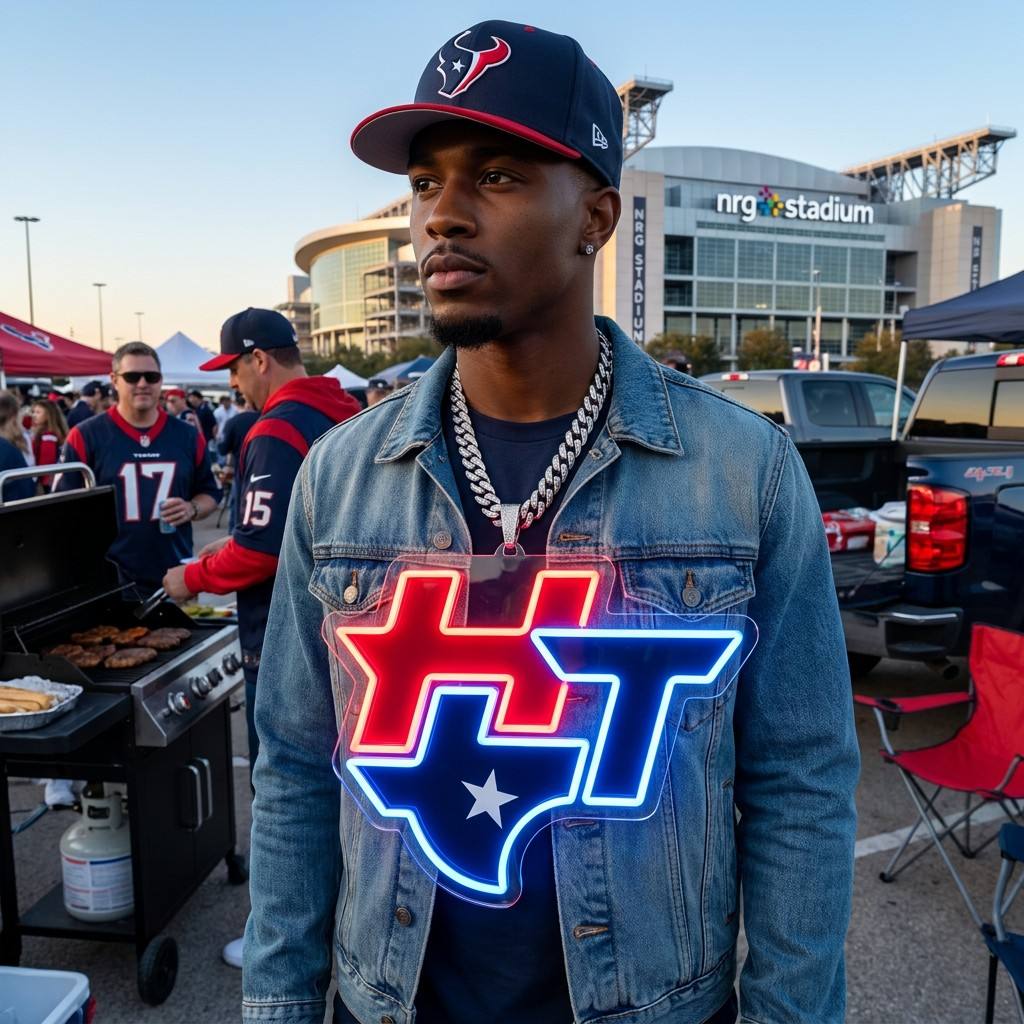 Houston Texans 30cm Oversized LED Neon Pendant Sign Big Team Logo Chain Heavy Silver Cuban Link Medallion Fan Shop Supply Chains for fans